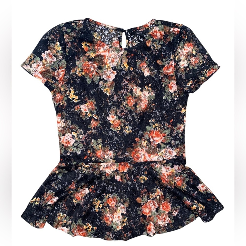 Forever 21 Black Floral Lace Peplum Top | Size Small